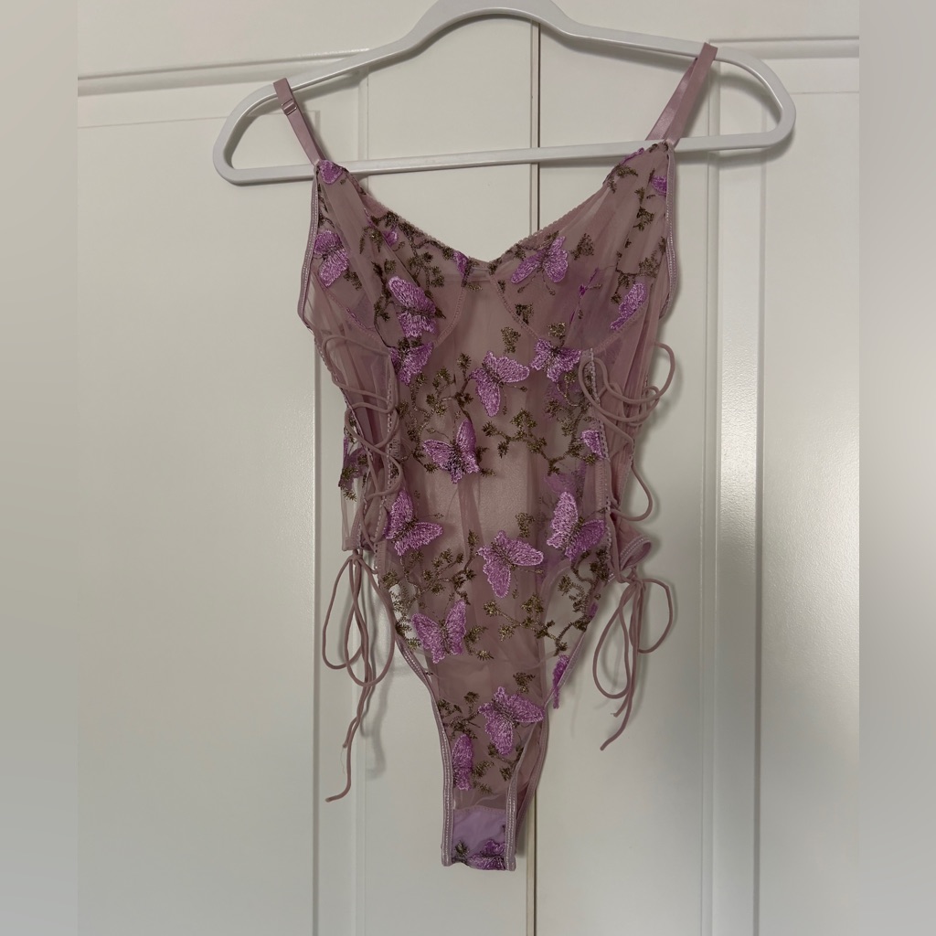 Sheer Mauve/Lavender Snap-Crotch Butterfly Embroidered Bodysuit